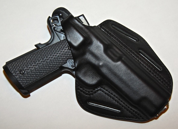 The Blackhawk! 3-slot pancake holster spreads out the weight of a large gun like this Springfield Armory 1911.