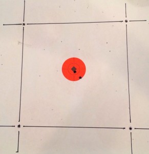 The Weaver Tactical 1-5x24 scope shot an almost perfect box pattern - 64 clicks per side.