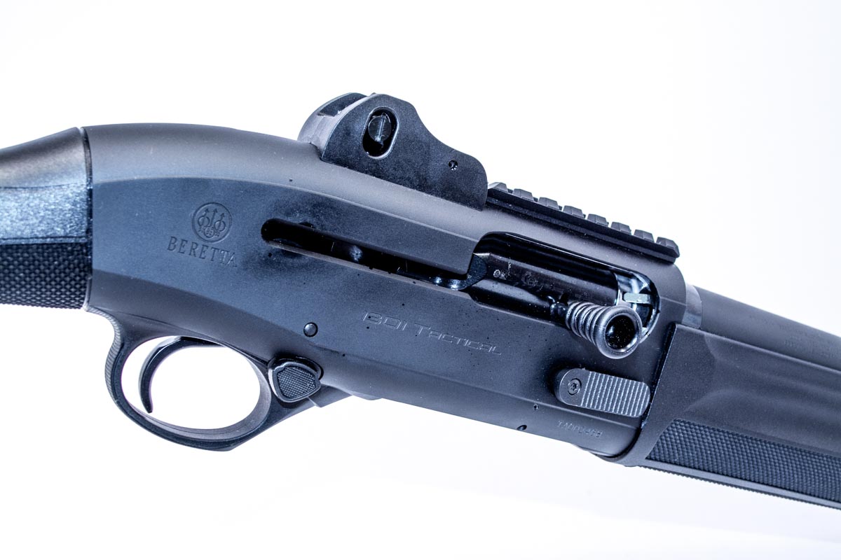 The Beretta 1301 Tactical is all business with ghost ring sights and a rail for optics.