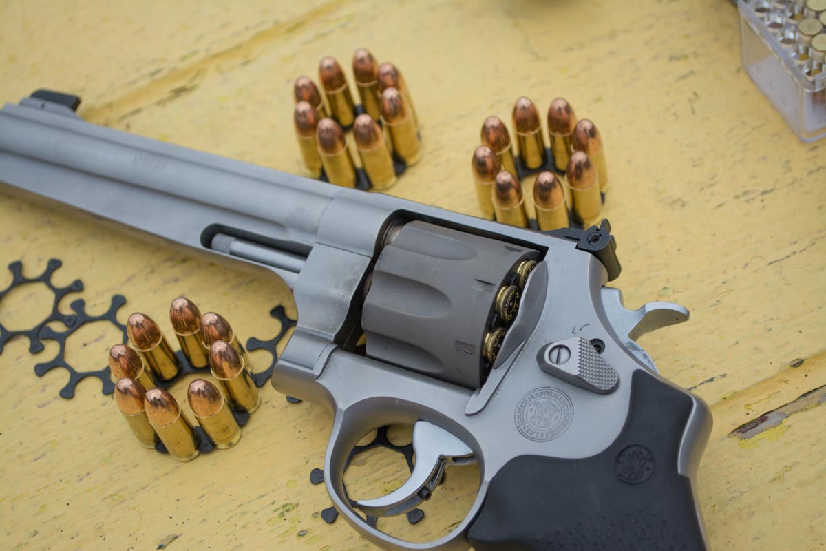 The Smith & Wesson 929 Performance Center revolver is a 9mm. Moon clips make the rimless rounds work.