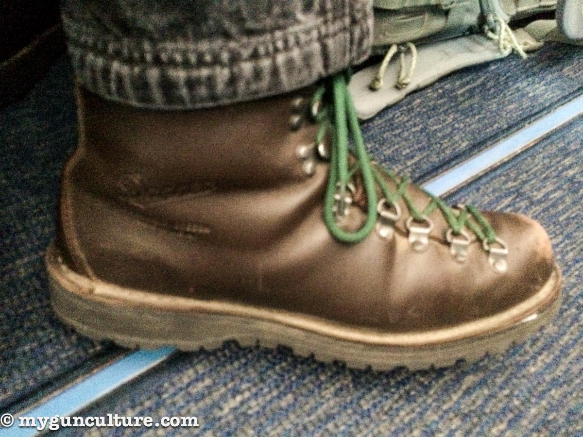 My Danner Mountain Light II hiking boots on the plane ride back. A little dirty but none-the-worse for wear.
