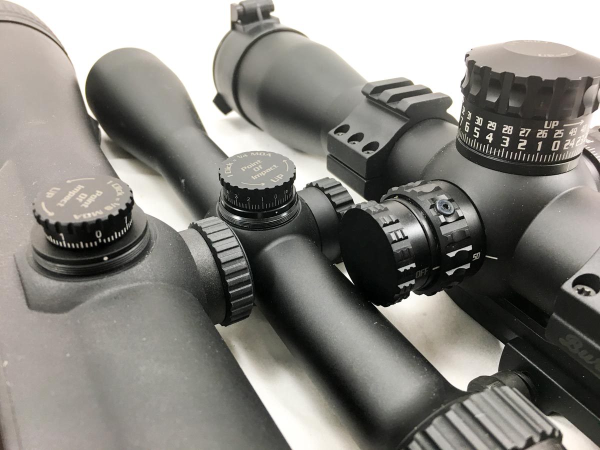 The Burris XTR II on the right is designed for quick turret adjustments, while the Eliminator III and Fullfield E1 have reticles designed for hold over shooting.