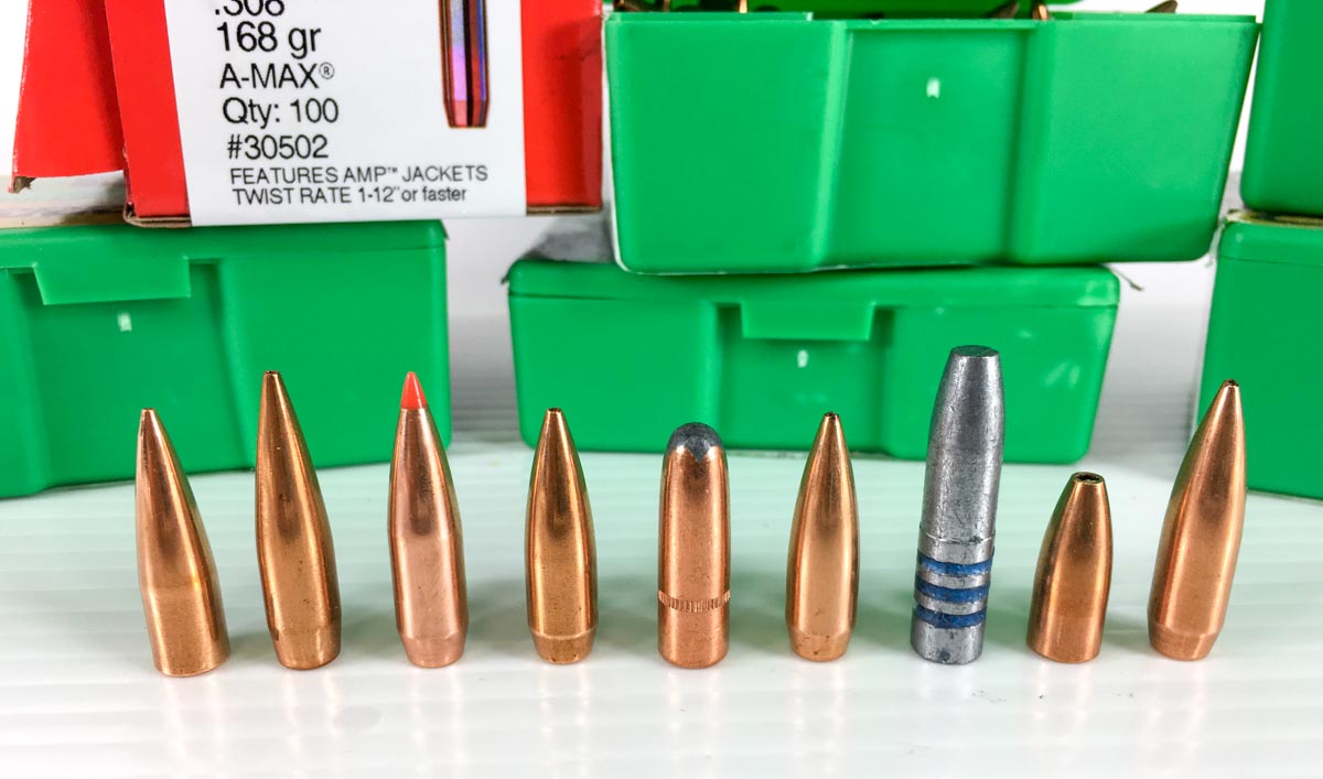 All of these are .308 bullets, but as you can see, materials, shape, and weight vary dramatically.