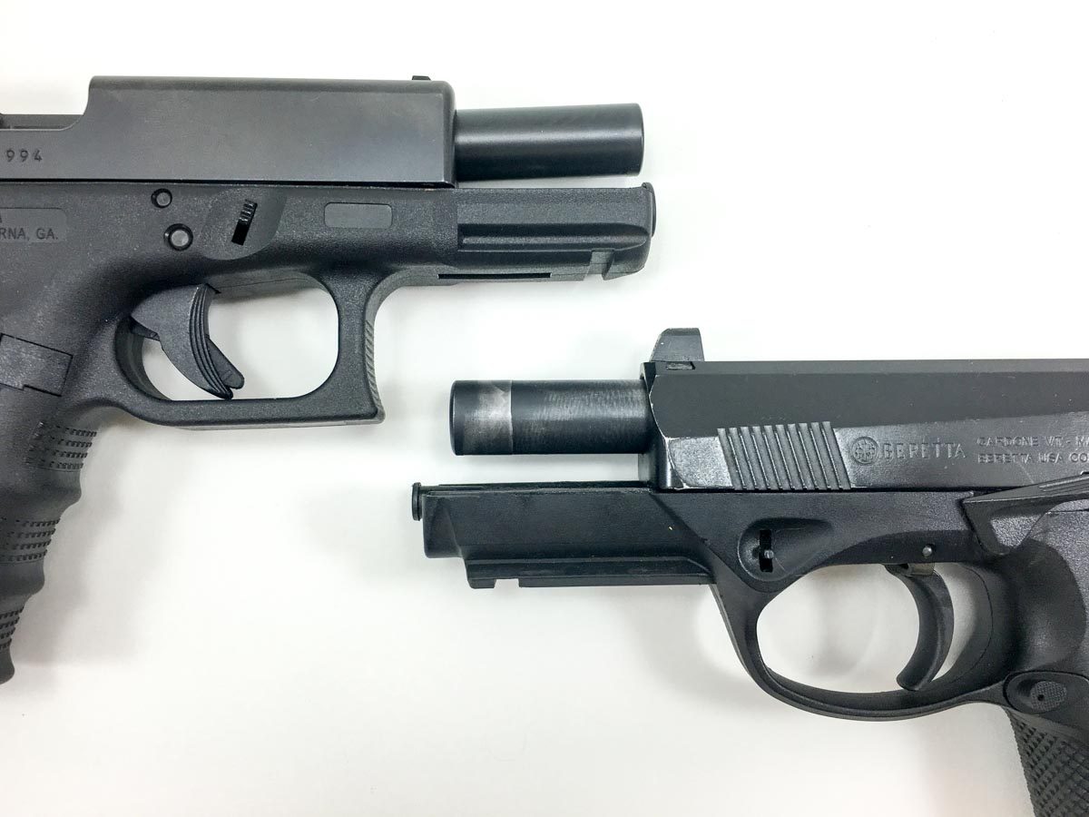The Glock 19 (top) uses a tilting barrel short recoil system while the Beretta PX4 Storm (bottom) uses a rotary locking system.