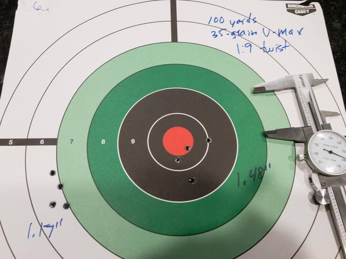 The 35-grain bullets shot well at both 100 and 200 yards from the 1:9 twist barrel.