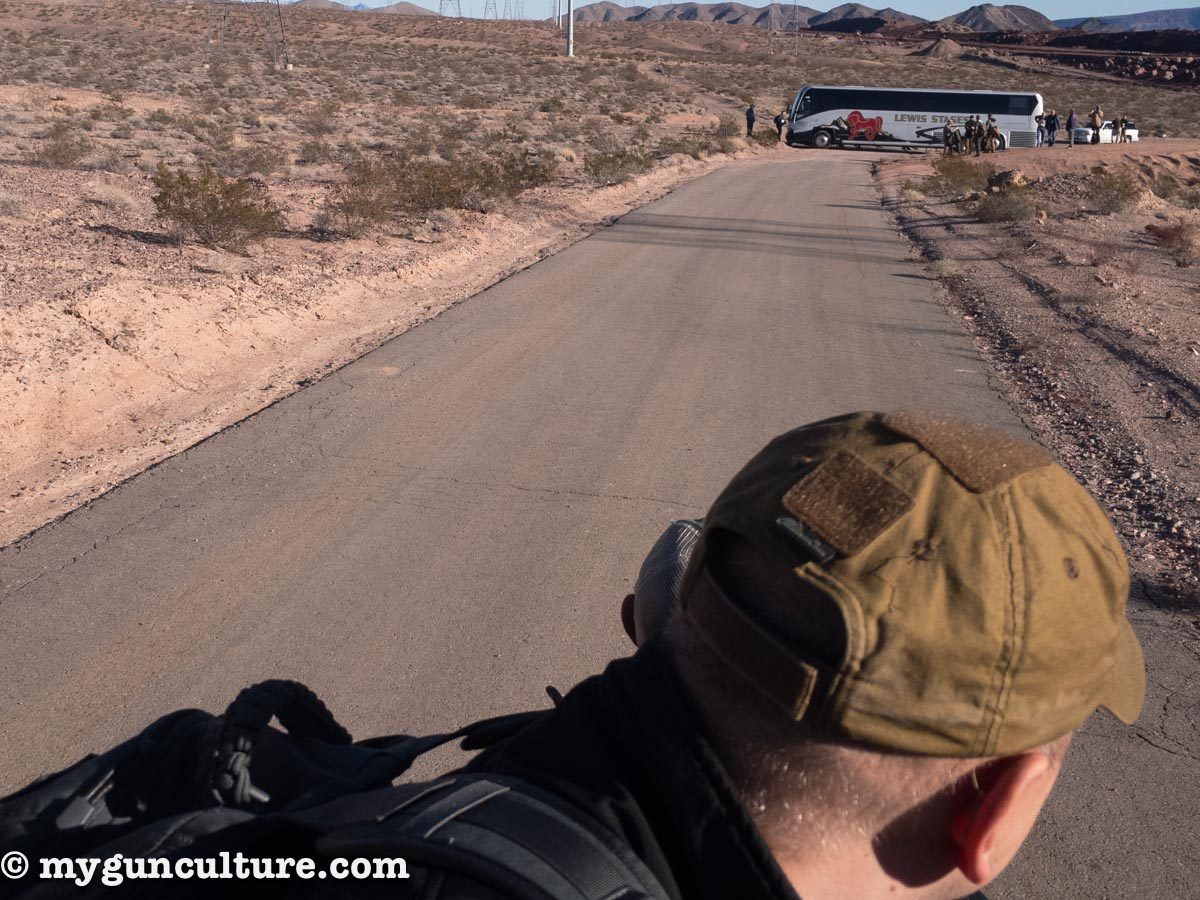 On the way to SHOT Show Media Day at the Range, our bus took a wrong turn and managed to get wedged between two berms of sand out in the middle of the desert. Fortunately, a pickup truck rescue a few of us...